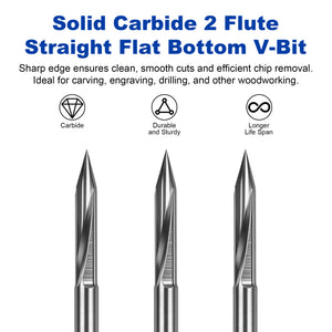 Twotrees Solid Carbide 2 Flute Straight Flat Bottom V-Bit Set 3PCS